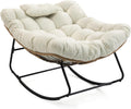 Outdoor Rocking Chair, Oversized Papasan Rocker w/Thick Cushion & Pillow, Indoor Wicker Egg Chairs for Patio Porch Balcony Deck Garden Poolside, Beige