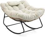 Outdoor Rocking Chair, Oversized Papasan Rocker w/Thick Cushion & Pillow, Indoor Wicker Egg Chairs for Patio Porch Balcony Deck Garden Poolside, Beige
