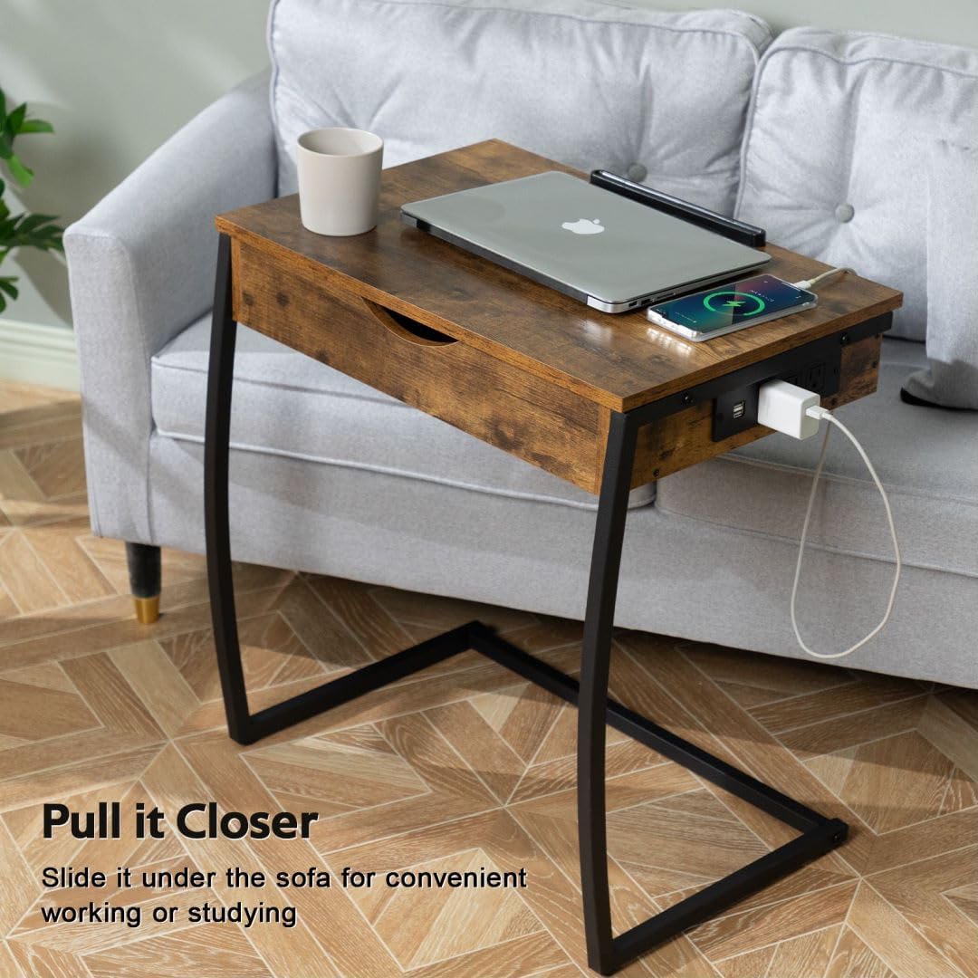 Hadulcet C Shaped End Table with Charging Station, Tiltable 0-52° | TV Tray Table Couch Tables That Slide Under, C Table End Table with Storage, Small Table Couch Desk for Small Spaces, Brown