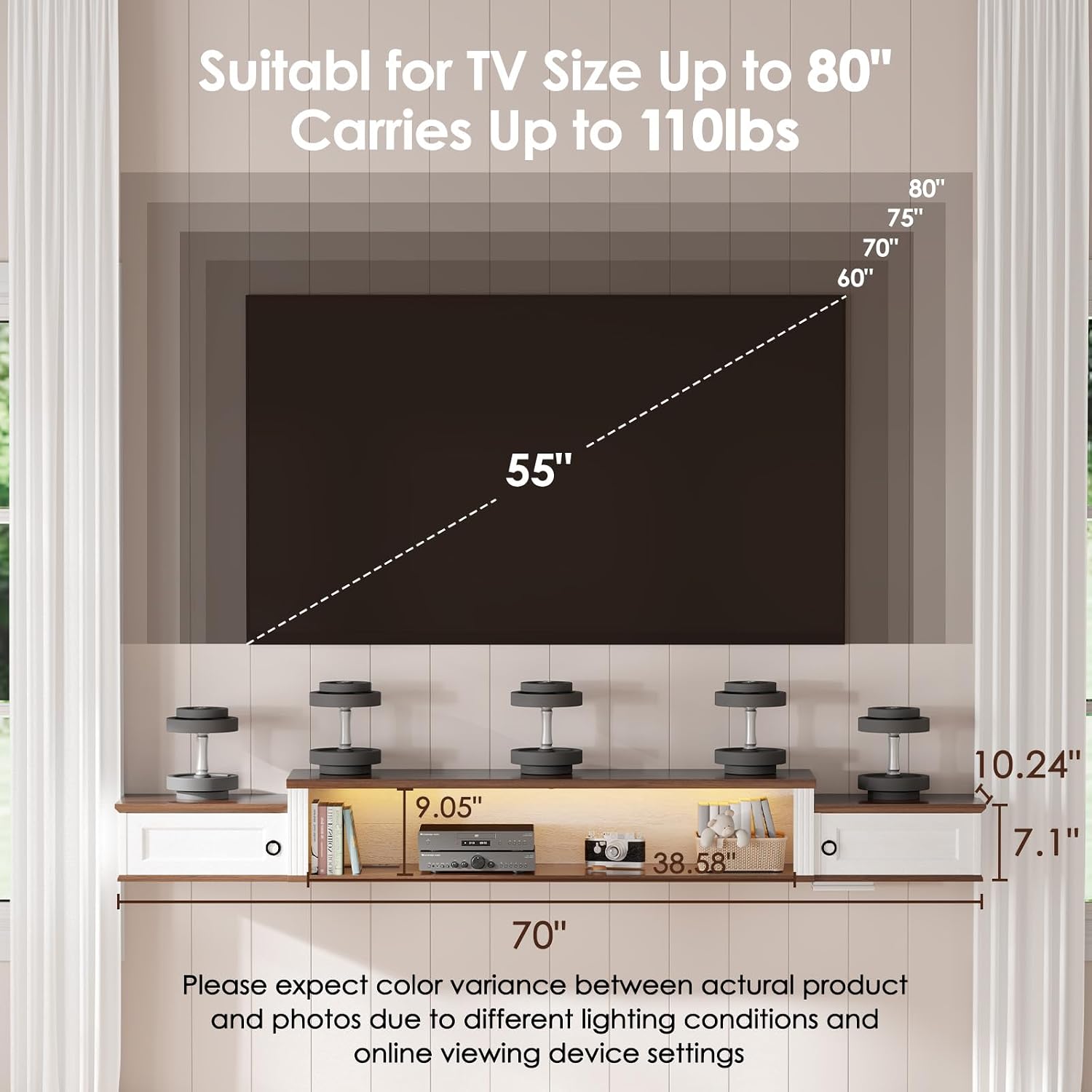 Farmhouse Floating TV Stand for 80" TVs, with LED Light & Outlet | 70" Modern Wood Floating TV Shelf, Minimalist TV Stand Wall Mounted for Living Room, Walnut + Antique White