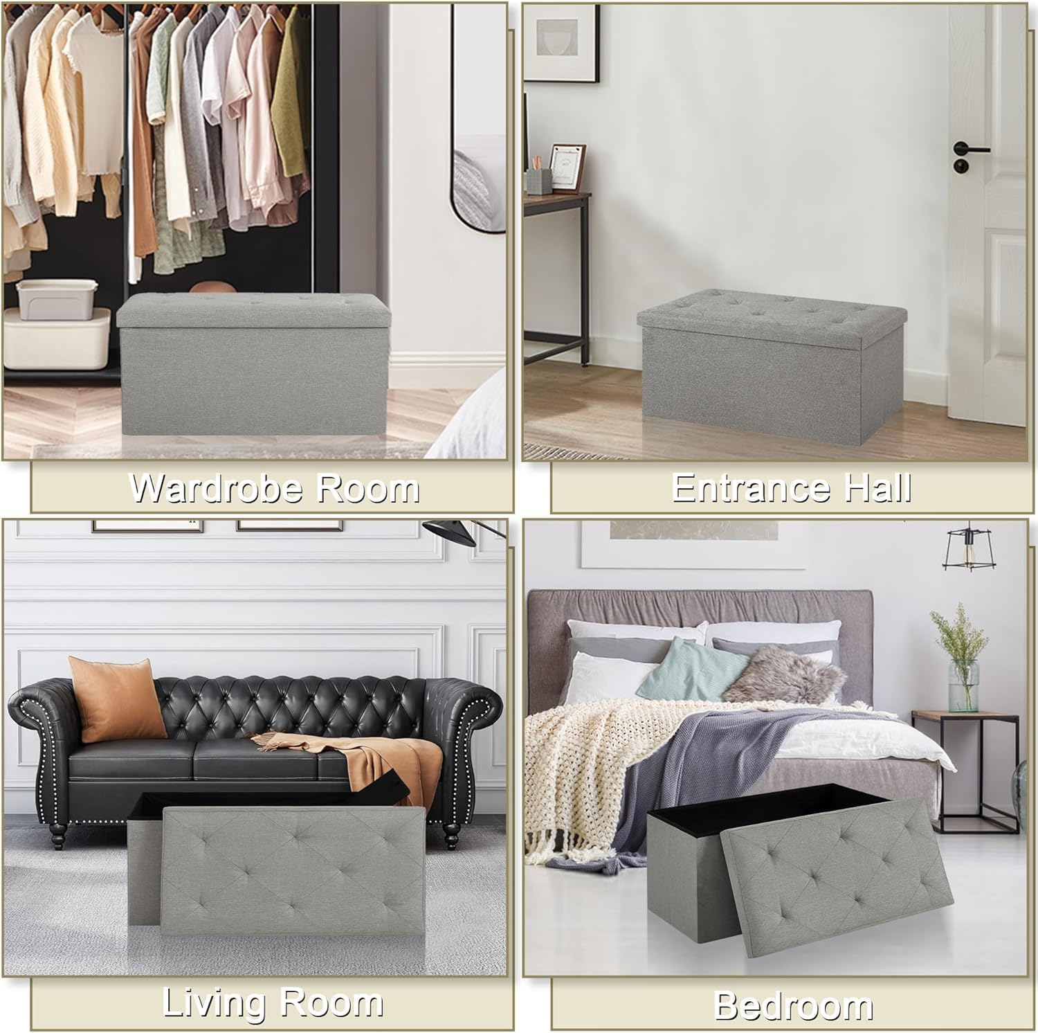 VECELO 30'' Folding Storage Ottoman Bench, Storage Chest, Linen Fabric Foot Rest Stool, 110L Storage Footstools for Bedroom and Living Room, Holds up to 440 lbs, Grey