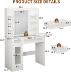 Vipbear White Vanity Desk Small Makeup Vanity Table with Mirror&Lights | Dressing Tables with Power Oulet 2 RGB Drawers Cabinet 6 Shelves Glass Top 10 LED Bulbs 3 Color Modes Folding Panel