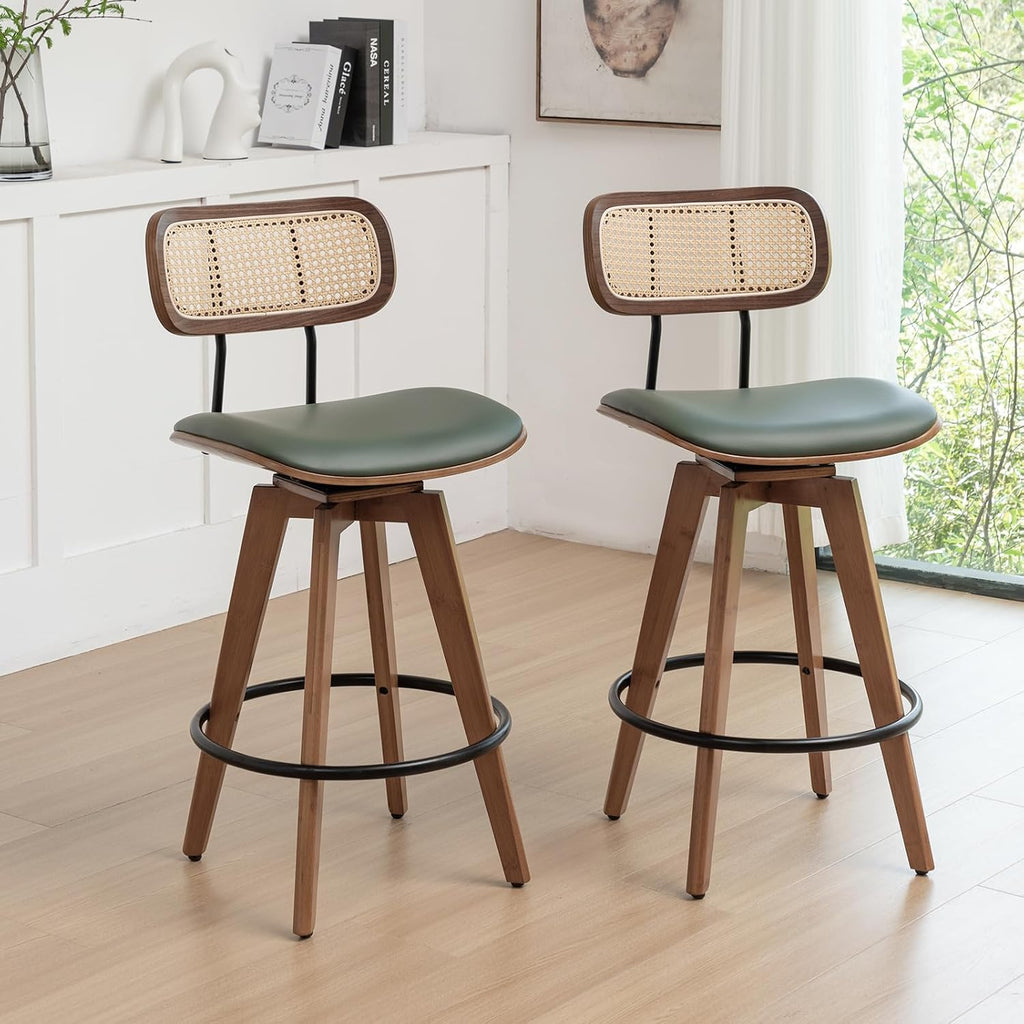 26" Rattan Bar Stools Set of 2, Faux Leather Counter Height Swivel Barstools with Rattan Backrest/Wooden Legs,Armless Mid Century Modern Bar Chairs for Kitchen/Dining Room/Bar Chairs,Green PU