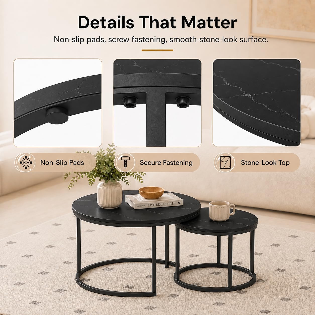 Nesting Coffee Table Set of 2，Black + Black | 27.6'' Industrial Coffee Table Nesting with Metal Frame, Round Coffee Tables for Living Room,Bedroom, Balcony