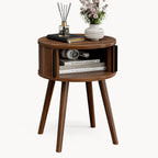 ZttRiee Side Table with Sliding Door & Cabinet, End Table for Living Room, Night Stand for Bedroom, Modern Bedside Table with Solid Wood Legs, Walnut