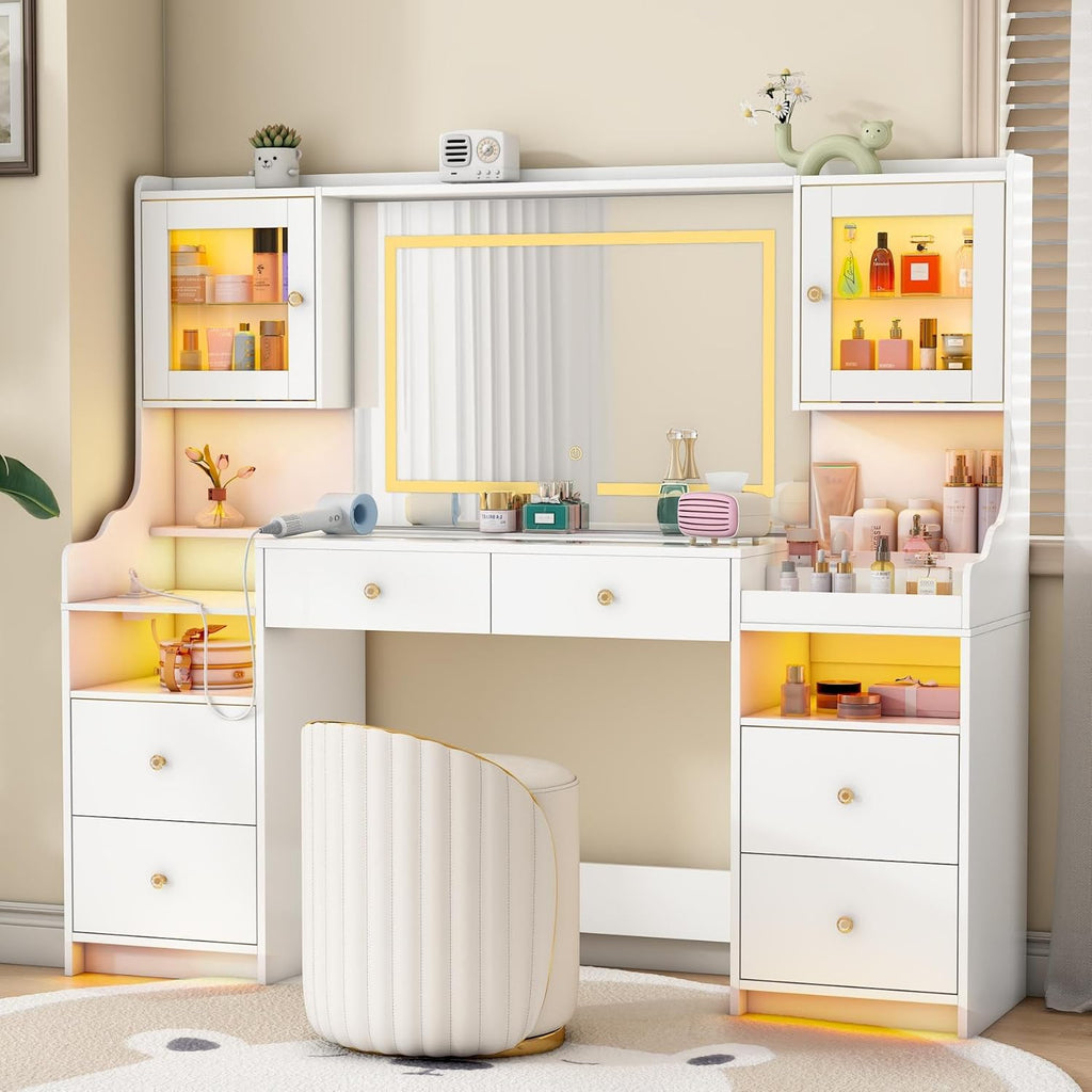 wanan 62" Large White Vanity Desk with Glass Top, Makeup Vanity with Mirror and LED Lights, One-Touch 3 Lighting Modes, Dressing Table with 6 Drawers, 2 Cabinets and Power Outlet for Women, Girls