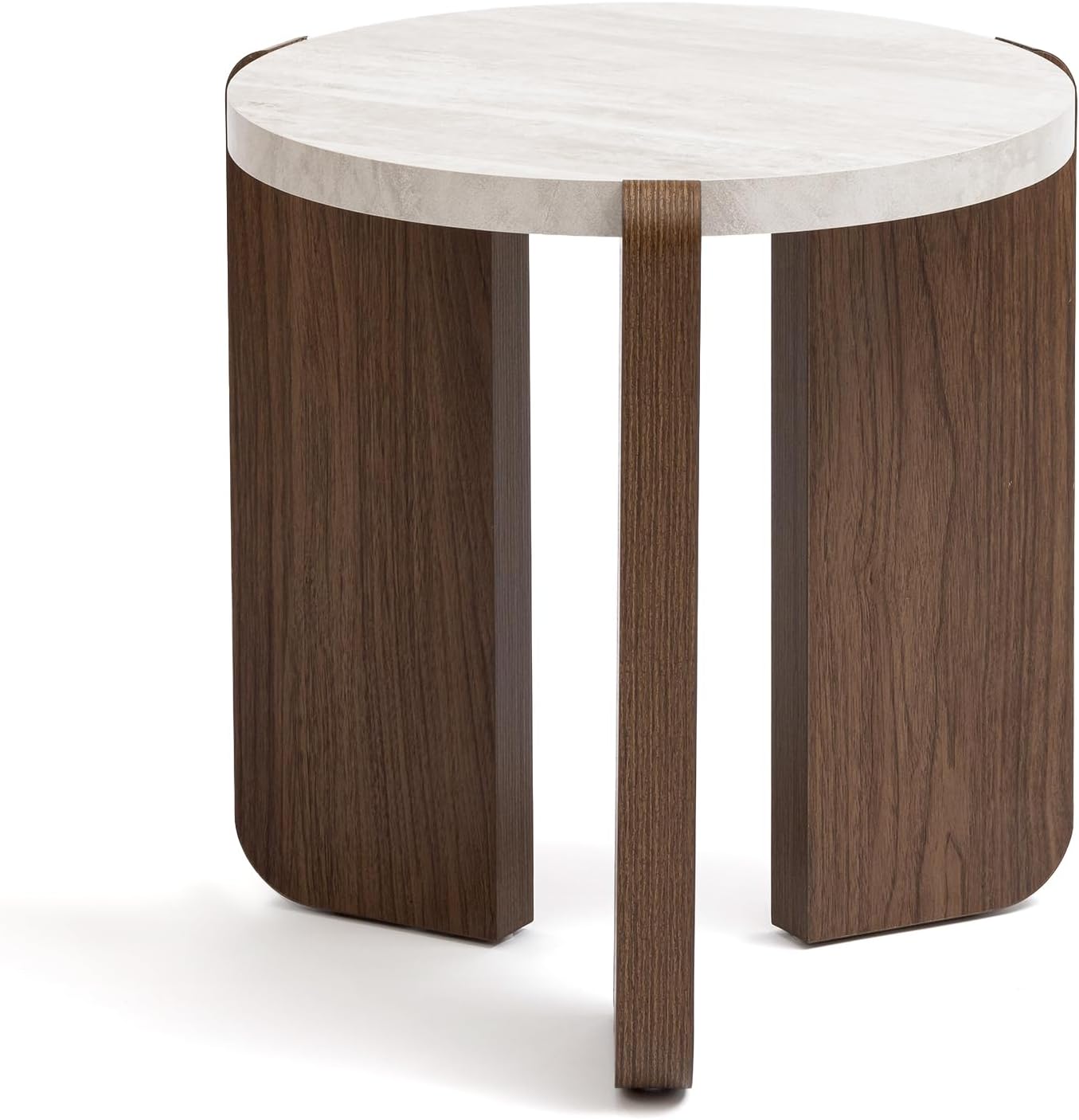 HOMPUS Farmhouse Round End Table, French Country White Bedside Table, Faux Marble Tabletop Sofa Table, Accent Side Table for Living Room, Bedroom, Office, Small Spaces, Easy Assembly (White + Brown)