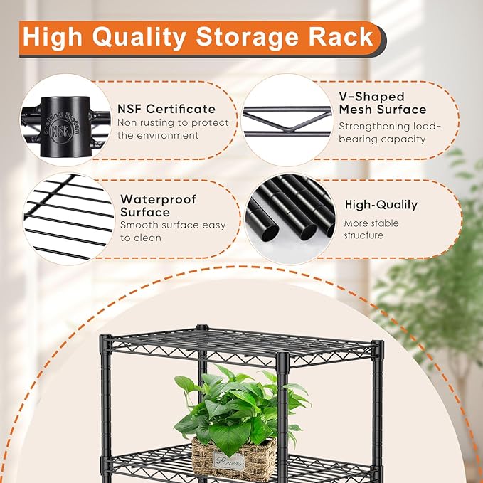 Sweetcrispy 5-Shelf Storage Shelving Unit, Adjustable Metal Wire Racks Heavy Duty Standing Shelf Organizer for Kitchen, Closet, Pantry, Garage, Bathroom, Laundry (13.8" D x 35.4" W x 69.3" H)