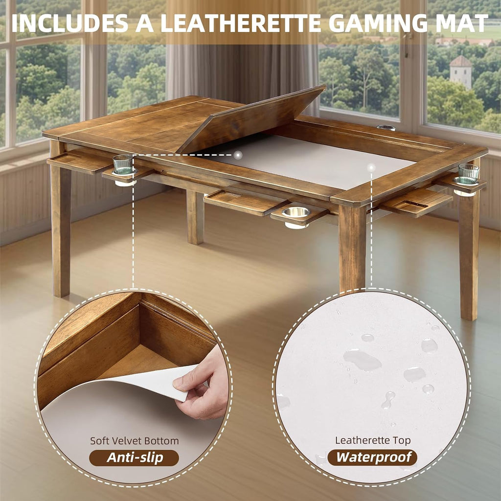 Coperat Solid Wood Board Game Table for 4-6 Players,Dining/Gaming Table w/ 54"x31" Big Gaming Space and Removable Top,Includes Game Mat, 6 Cup Holders & Hobby Tray, Light Walnut