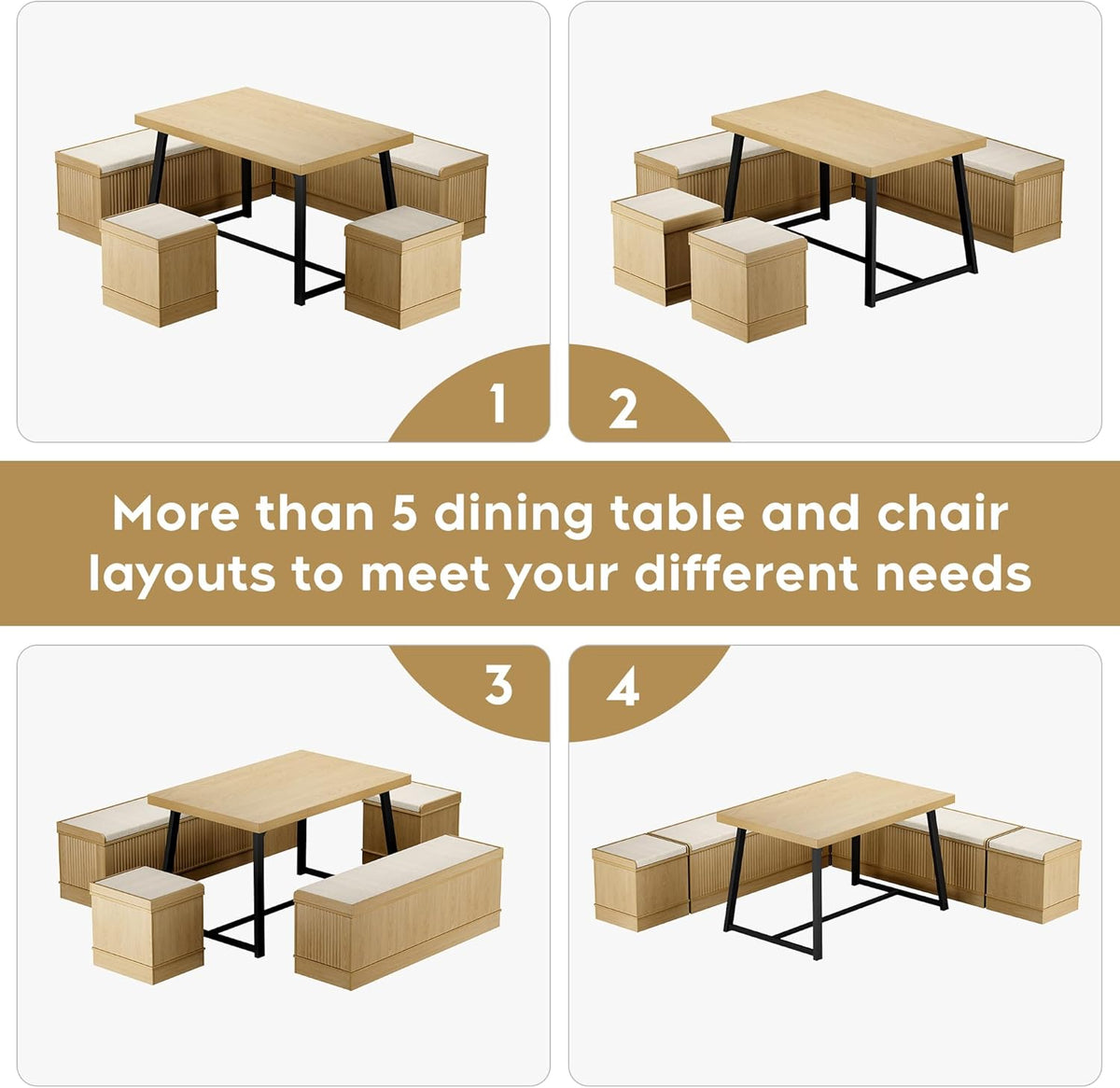 Brafab Corner Dining Table Set, 43 Inch Breakfast Nook Table Set with Bench with Hidden Storage & 2 Ottomans, 5-Piece Corner Bench Dining Table Set, Natural