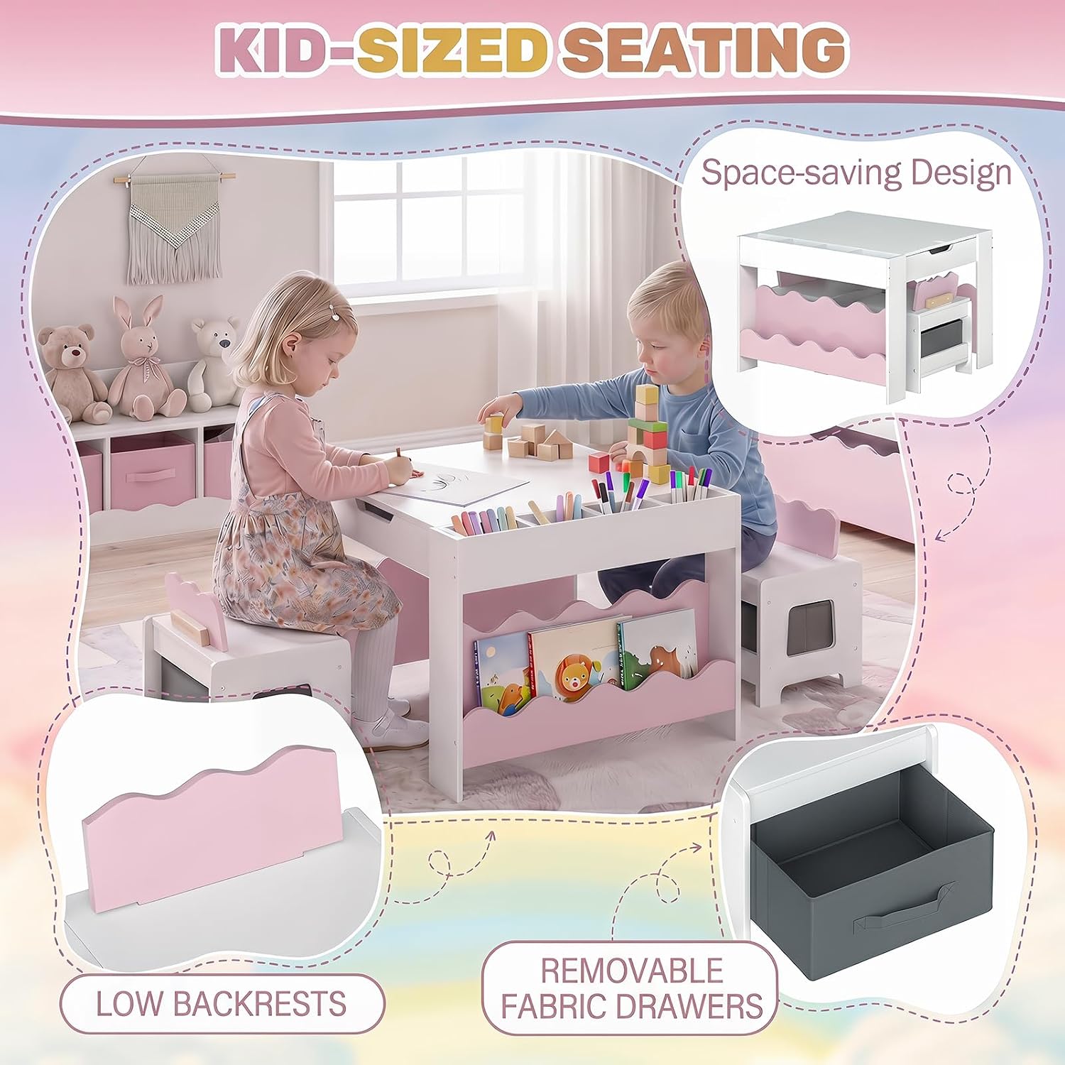 HONEY JOY Wooden Kids Table and Chair Set w/Double-Sided Tabletop | Toddler Activity Table and Chairs w/ Chalkboard, Bookshelves, Small Compartments and Fabric Drawers for Art & Crafts