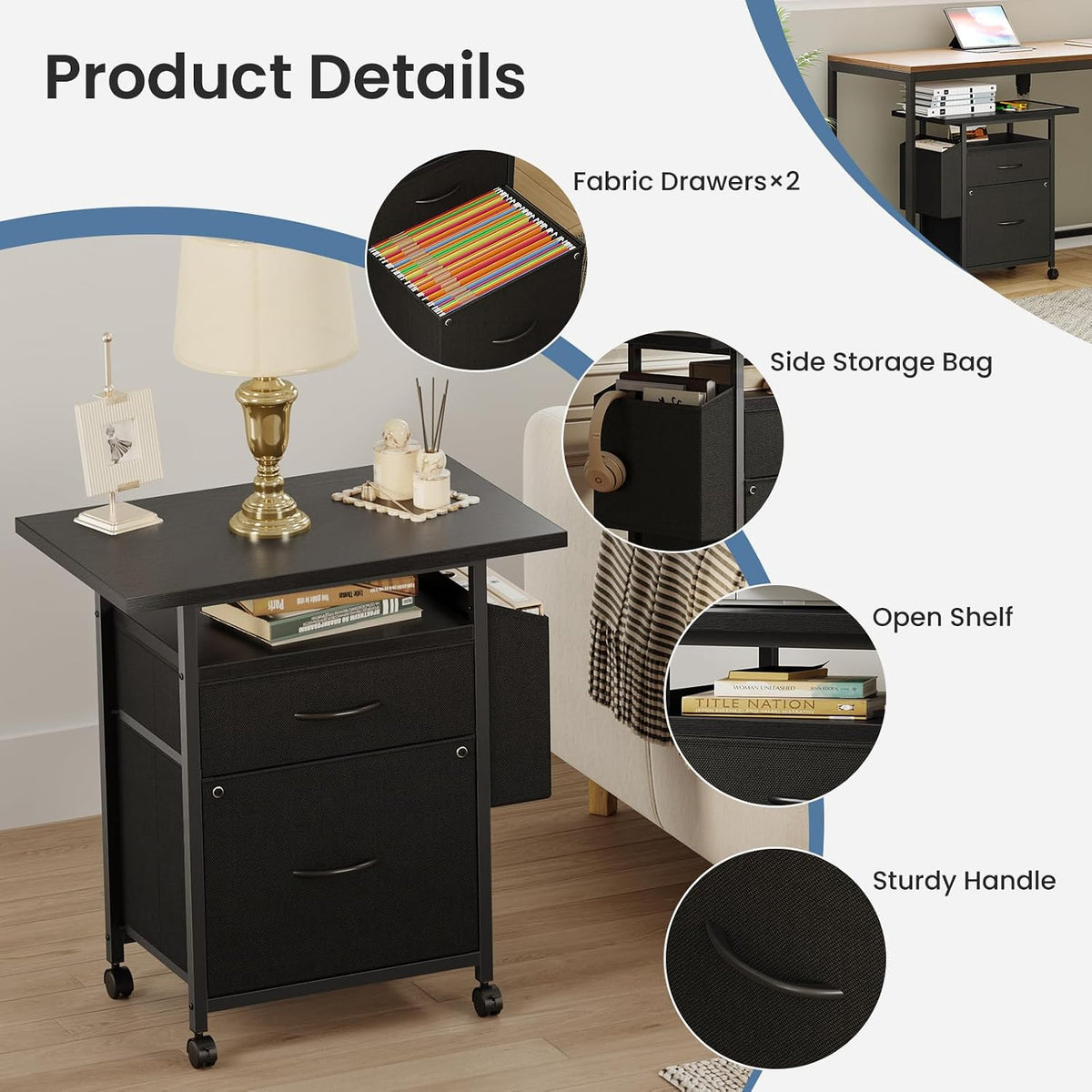 Simple Deluxe 2 Drawer File Cabinet with 24" Extended Desktop, Mobile Filing Cabinet, Rolling File Cabinet with Side Bag, Fabric Drawer, Fits A4/Letter Size, Printer Stand Home Office, Black