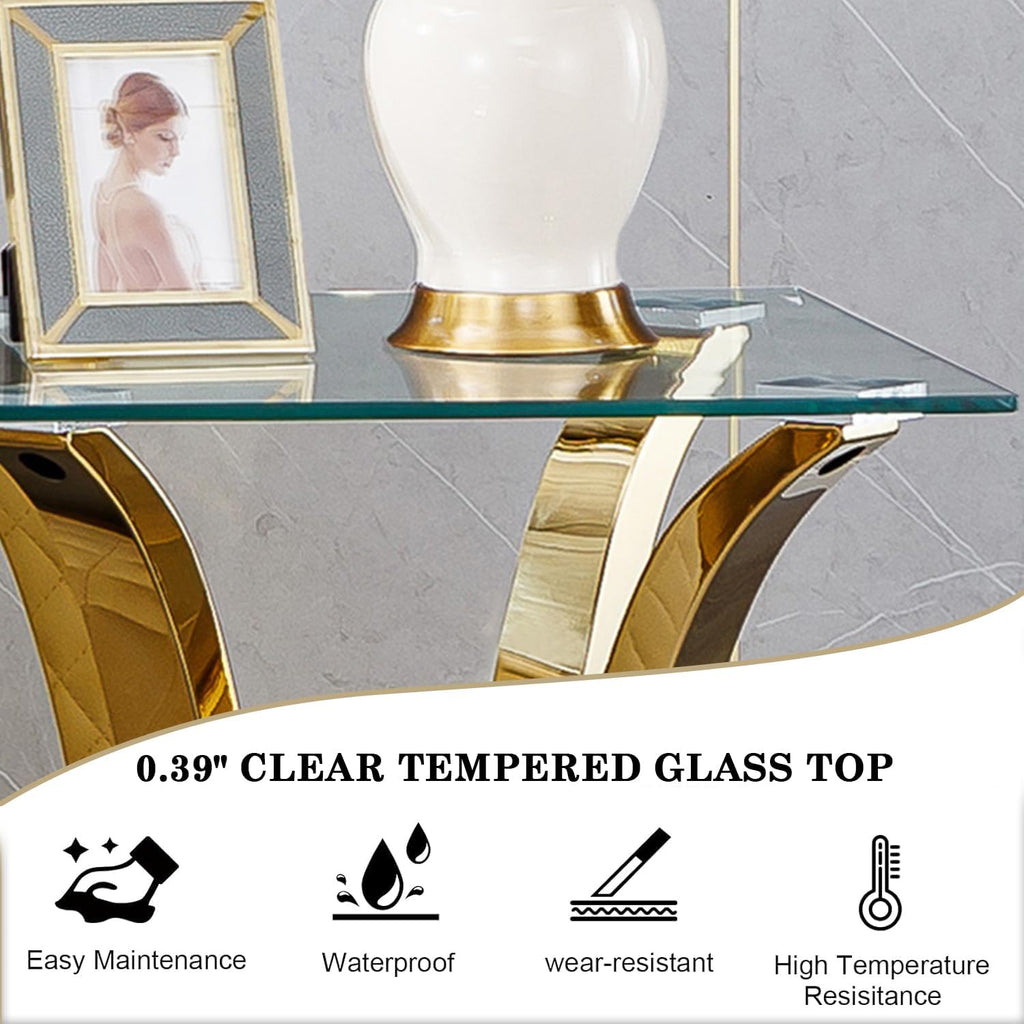 Modern Glass End Table Square Gold Living Room Table Sofa Side Table with 0.4" Tempered Glass Top & Geometric Stainless Steel Base,Luxury Clear Tempered Glass Small Bed Side Corner Table