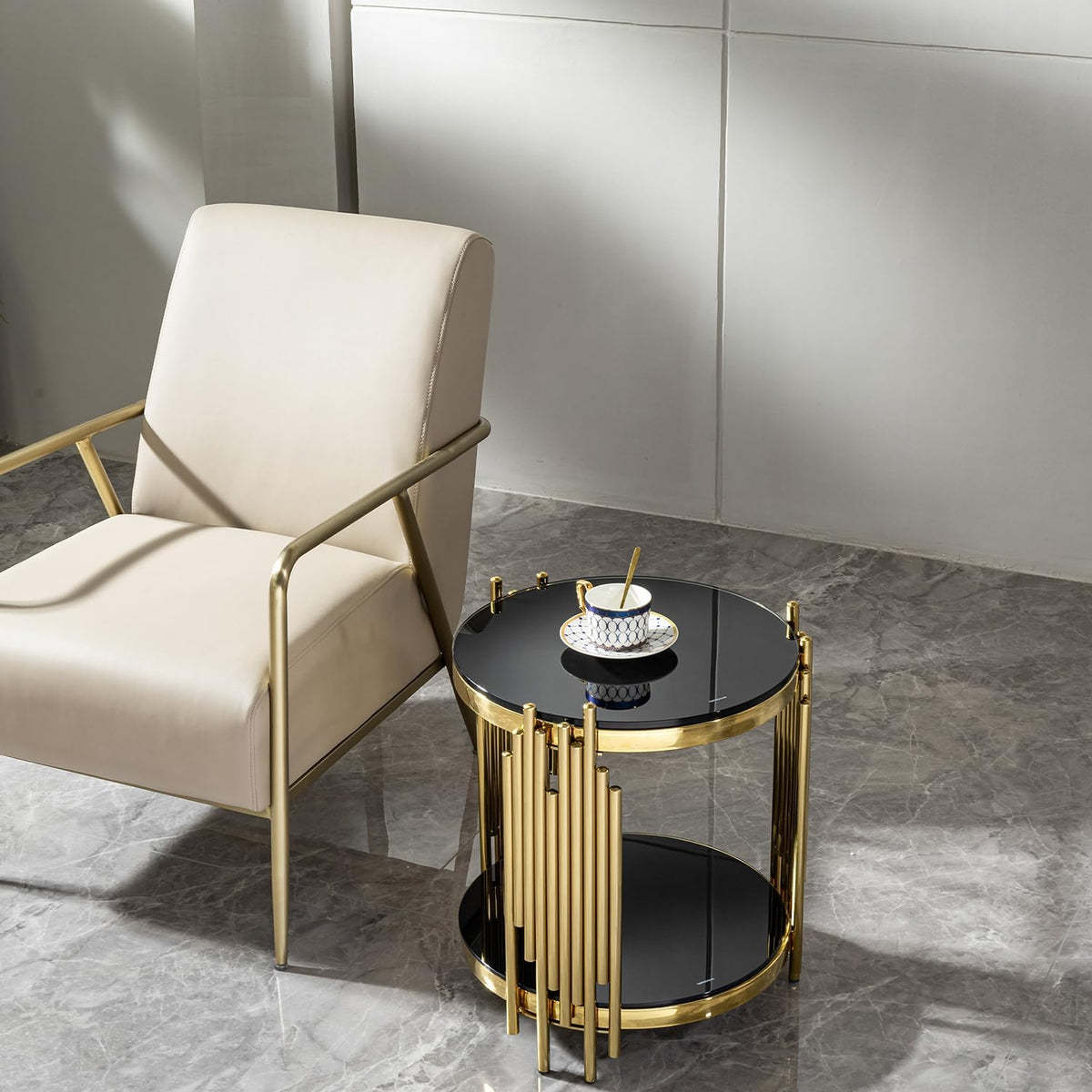 Set of 2 Modern Luxury 2-Tier Round End Tables, Black Tempered Glass Tops, Gold Stainless Steel Frames, Small Elegant Side Tables for Living Room, Bedroom, Office, or Café