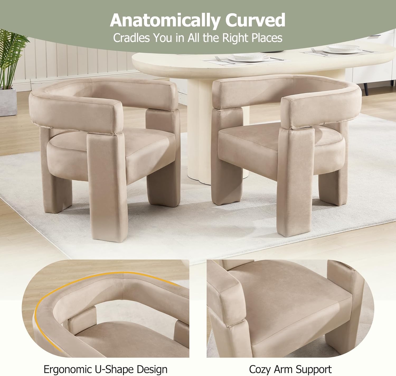 Modern Accent Barrel Chairs Set of 4, Velvet Upholstered Armchairs with 3 Legs, Comfy Leisure Reading Chair for Dining/Living Room/Bedroom/Office/Apartment, Khaki