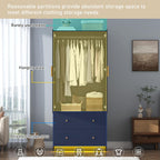 chartustriable 2 Doors Armoire Wardrobe Closet with Mirror, LED Closet with Doors and Drawers, Wooden Wardrobe Storage Cabinet with Hanging Rod, Small Armoire, Black