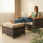 VINGLI 2 Pieces Rattan Ottoman with Storage, Wicker Patio Furniture w/Removable Cushion, Multipurpose Footrest Stool for Outdoor (Brown)