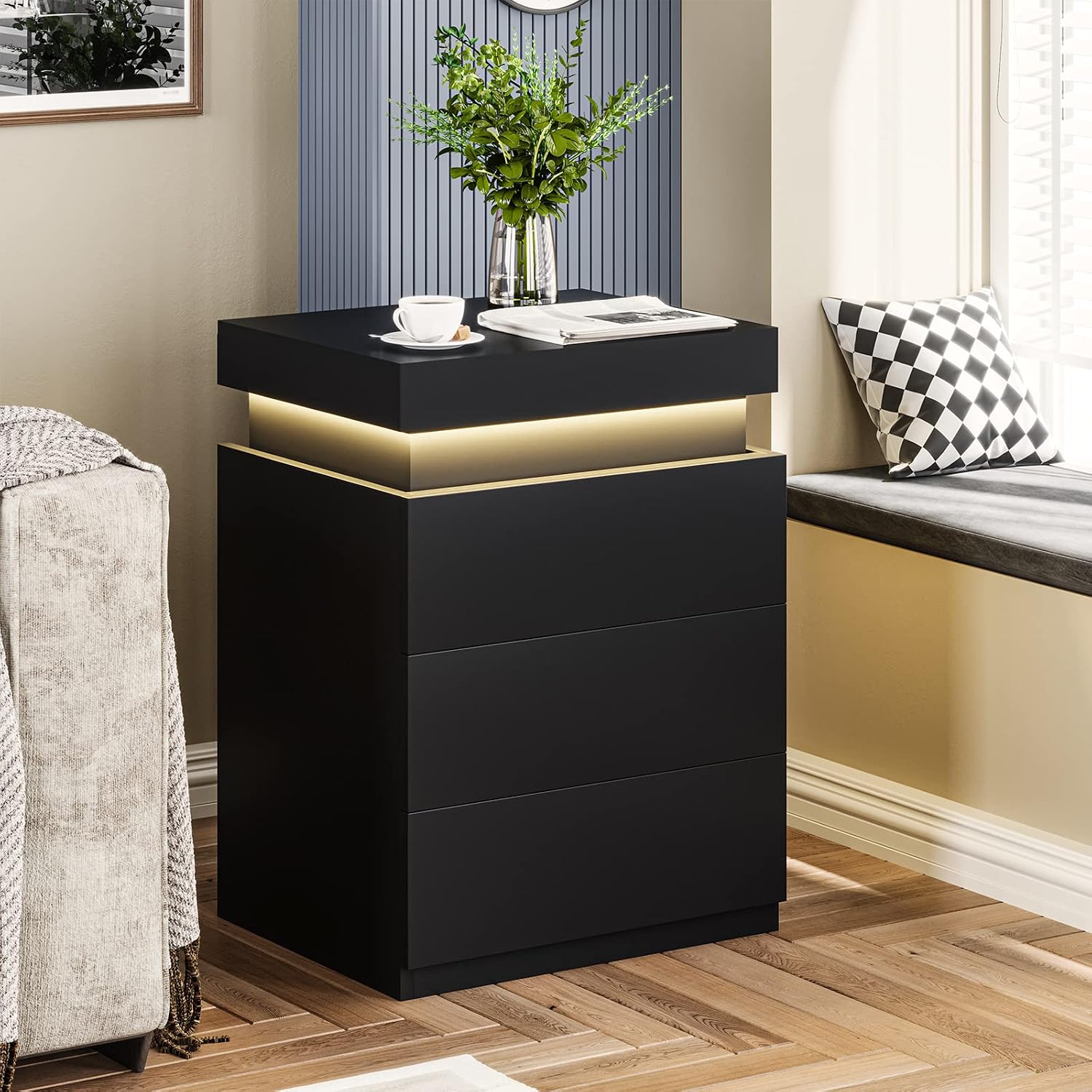 ADORNEVE Black Nightstand with Charging Station and LED Lights | Modern Night Stand with Sliding Top,Bedside Table with Drawers,Bed Side Tables Bedroom