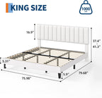 IDEALHOUSE King Size Velvet Upholstered Bed Frame, White