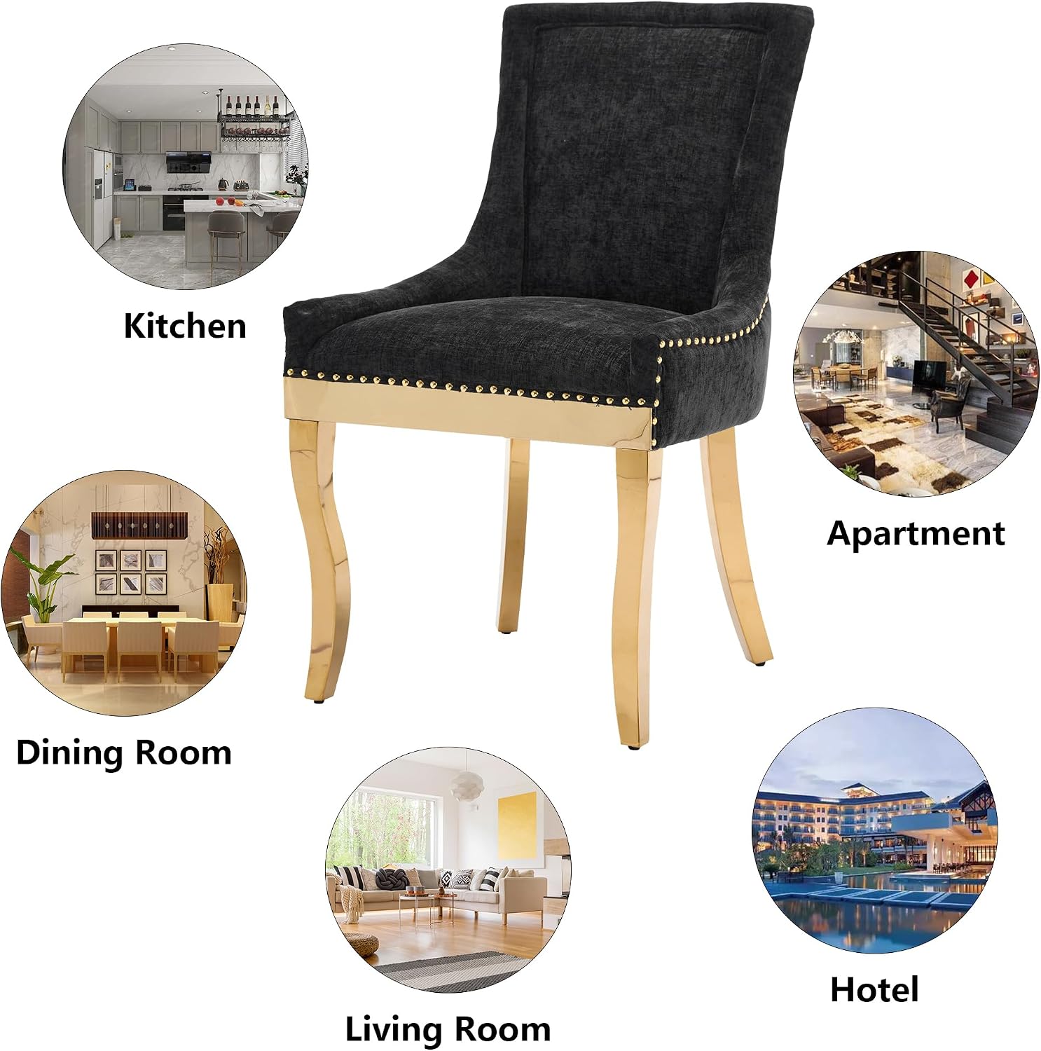 Luxury Fabirc Upholstered Dining Chairs Set of 2,Neutral Chenille Kitchen Room Chair with Nailhead Trim,Modern Padded Side Chairs for Dining Room,Living Room,Bar (Black-Gold, Set of 2)
