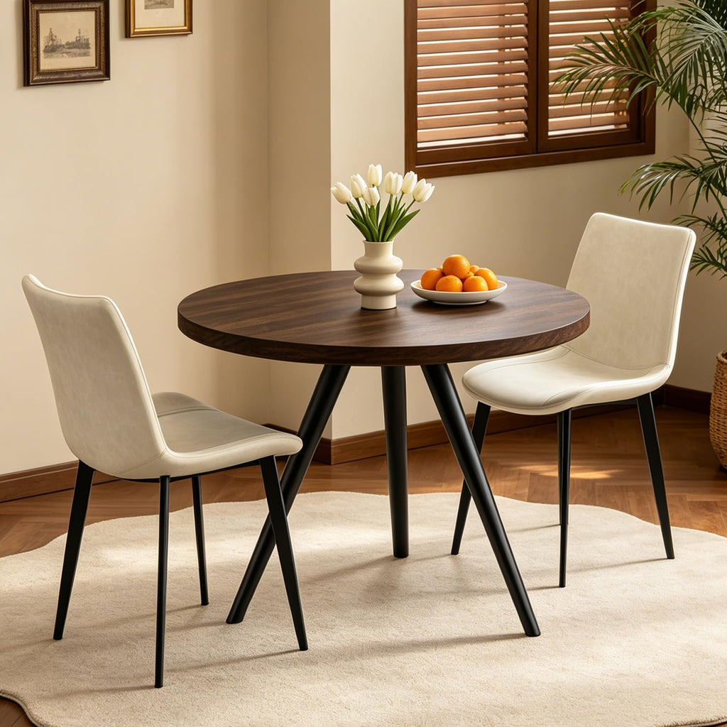 34.6" Round Dining Table Set for 2, Walnut Small Dining Room Set | Space-saving MDF Tabletop, 2 Beige PU Leather Chairs, Great for Modern Kitchen, Coffee, Restaurant, Office, Sturdy & Seamless