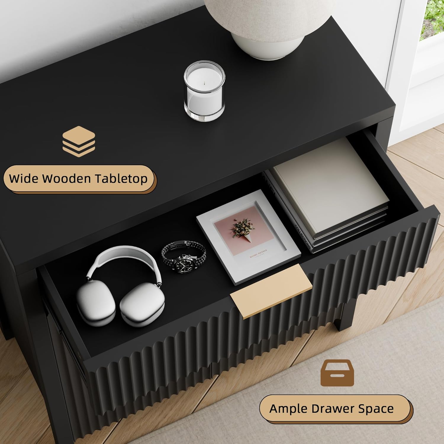 YaFiti Storage Cabinet Fluted Sideboard Buffet Cabinet with Adjustable Shelves & Quality Wooden Tabletop, Modern Accent Credenza Media Console for Living Room, Entryway, Hallway, Black