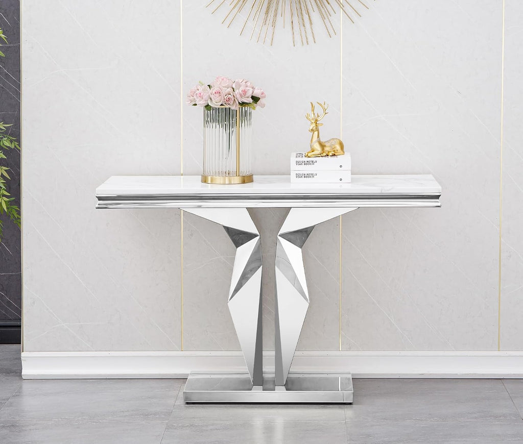 SSLine Modern White Faux Marble Console Table Luxury Entryway Table with Silver Pedestal Base 46.8" Mid-Century Elegant Sofa Table w/Mirrored Stainless Steel Frame for Living Room Hallway
