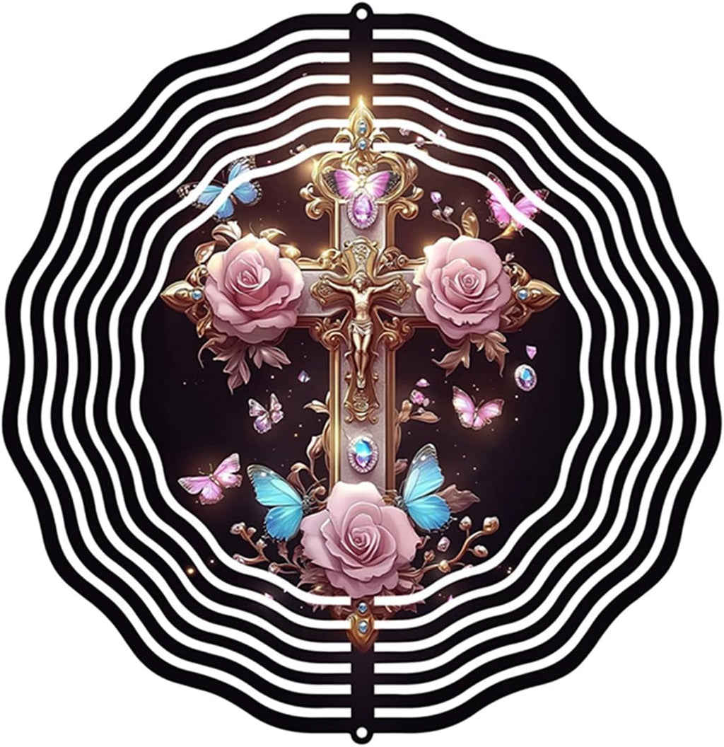 Jesus Cross Wind Spinner, Metal Wind Spinners Outdoor/Indoor, Cross Hanging Garden Decor for Outside, Stainless Wind Spinners for Yard and Garden 10 inch 3D (25.76X25 CM)