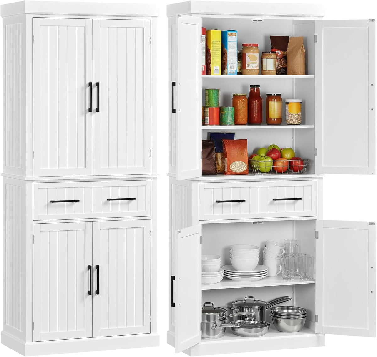 Yaheetech 72.5" H Freestanding 4-Door Kitchen Storage Cabinet,White | Stand‑up Pantry with Adjustable Shelves & Wide Drawer, Engineered Wood Construction, Kitchen/Living Room