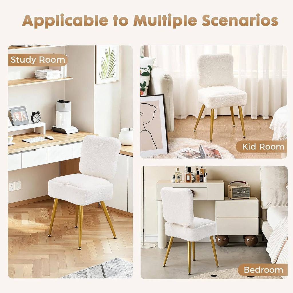 Small Vanity Chair with Storage & Folding Backrest, White | Sherpa Vanity Chair with 8L Hidden Storage and Folding Backrest. Measures 15"D x 13"W x 17"H; Holds Up to 300 lbs