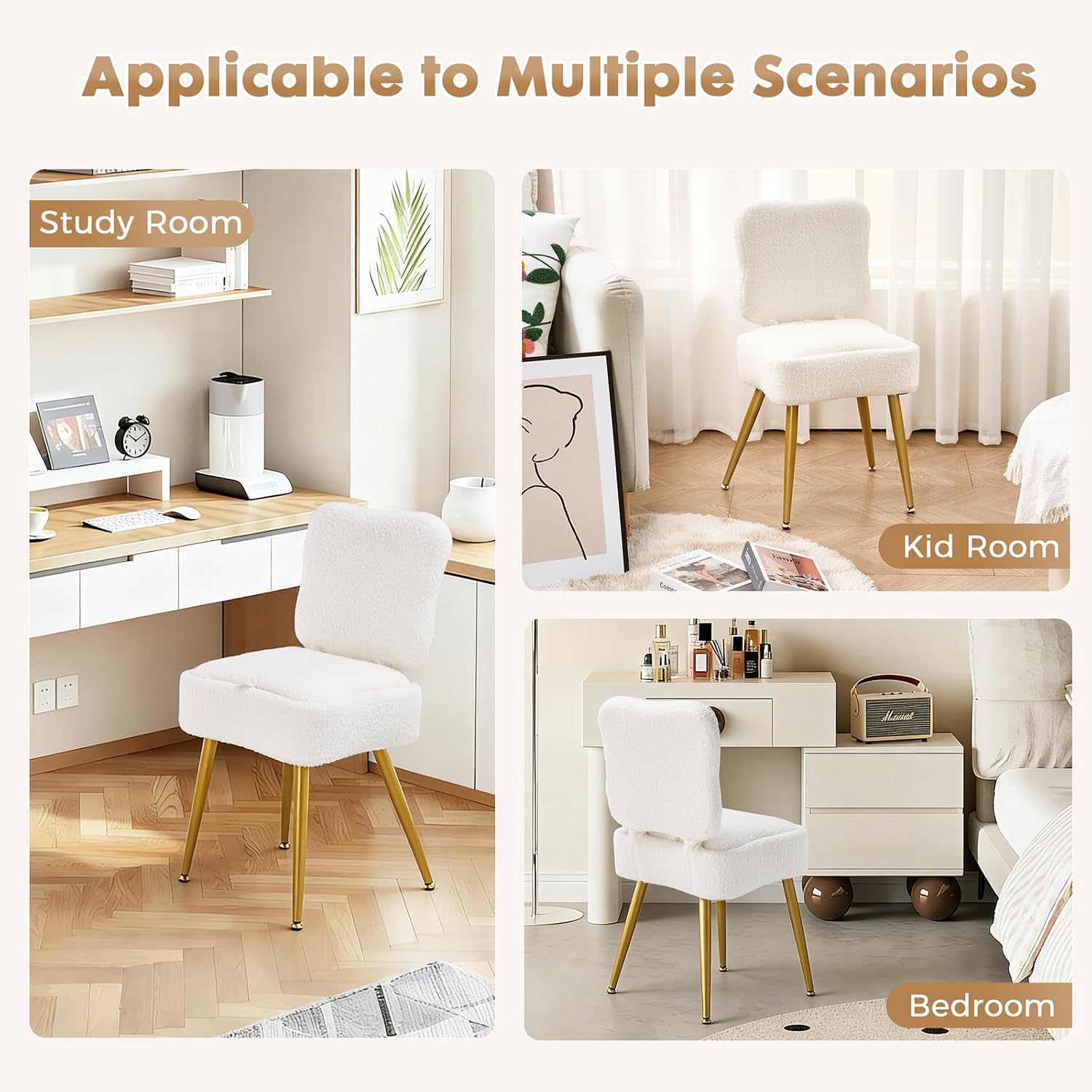 Small Vanity Chair with Storage & Folding Backrest, White | Sherpa Vanity Chair with 8L Hidden Storage and Folding Backrest. Measures 15"D x 13"W x 17"H; Holds Up to 300 lbs
