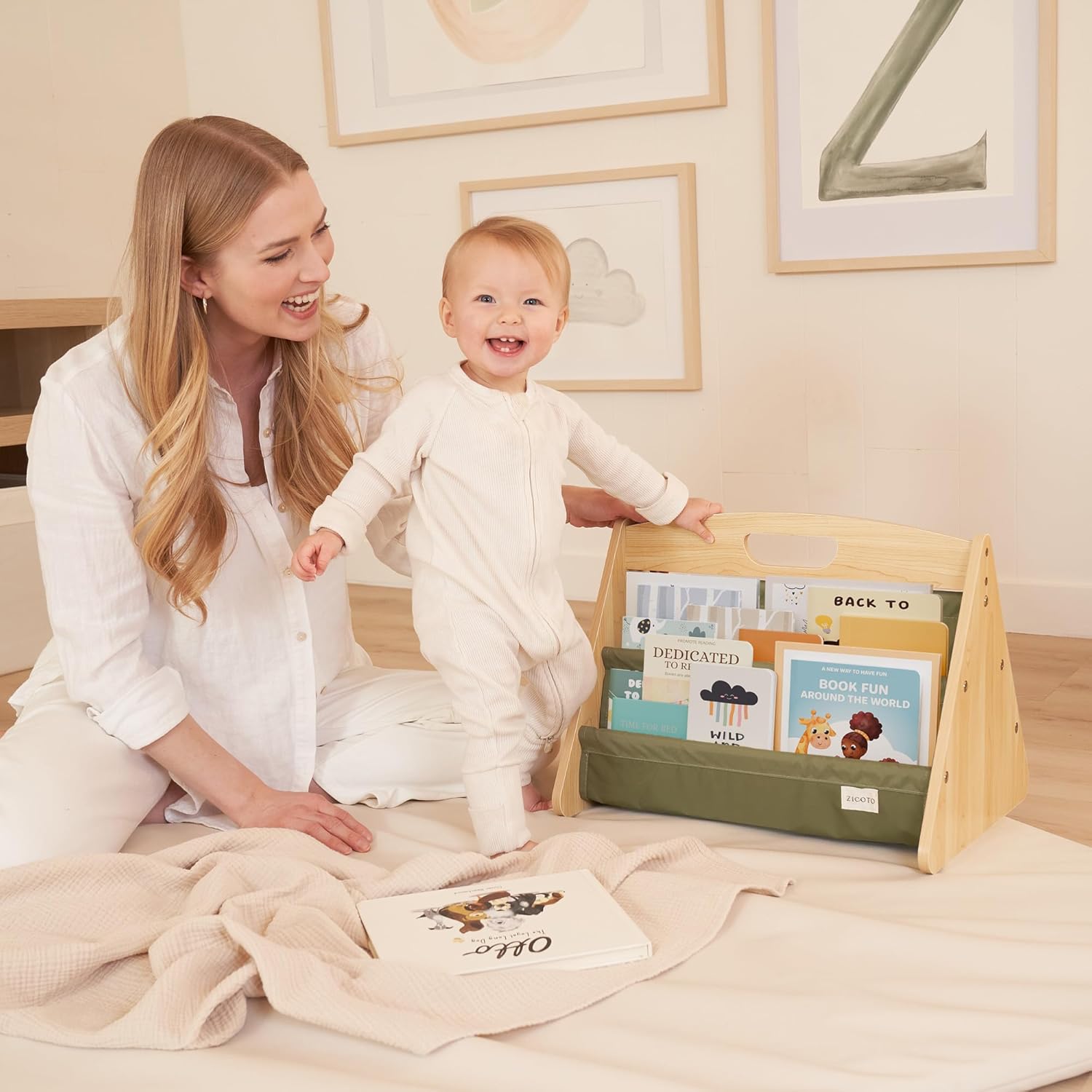 Decorative Wooden Bookshelf with Handle for Kids Rooms - Montessori Shelf | Keeps Books Neatly Organized and Within Reach for Toddlers - Easy Install Book Shelf for Baby's Bedroom or Playroom Decor