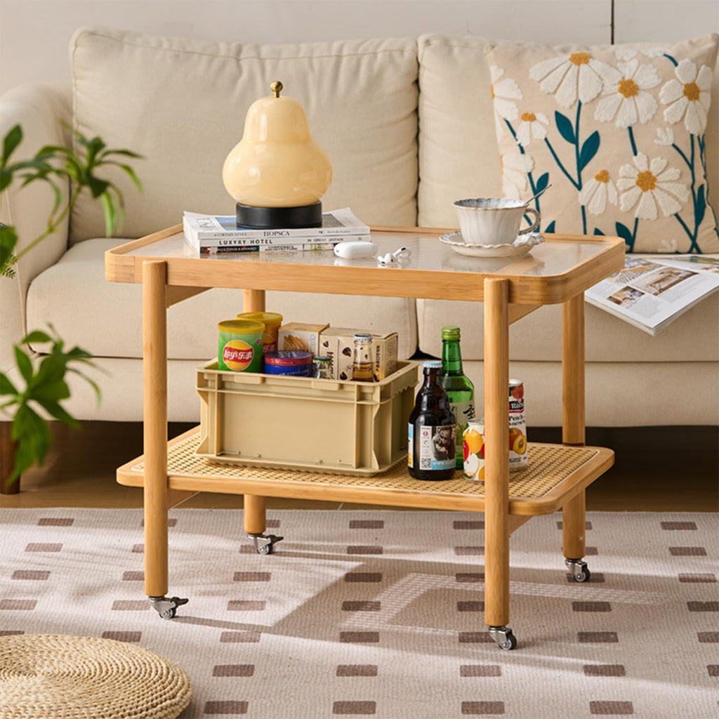 Bamboo Rattan End Table with Wheels, 2 Tier Modern Coffee Table Couch Side Table Utility Rolling Cart Glass Tabletop Snack Table for Balcony Living Room Bedroom