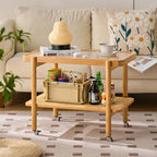 Bamboo Rattan End Table with Wheels, 2 Tier Modern Coffee Table Couch Side Table Utility Rolling Cart Glass Tabletop Snack Table for Balcony Living Room Bedroom