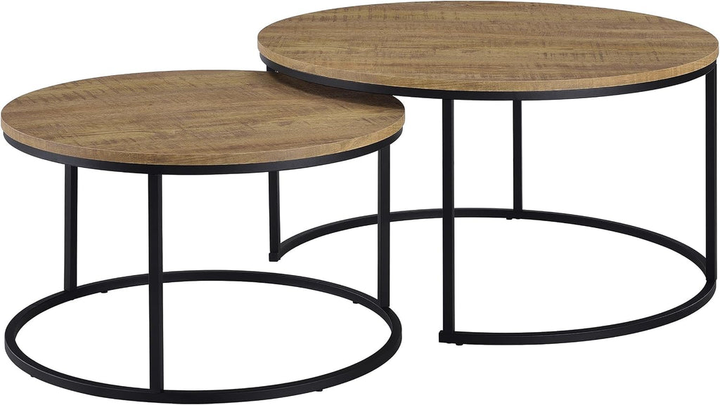 35" Textured Mango Wood Nesting End Table, Nesting End Tables with Open Metal Frame, Coffee Table Set with Flexible Layout for Modern Indoor Lounge Areas, Mango Color