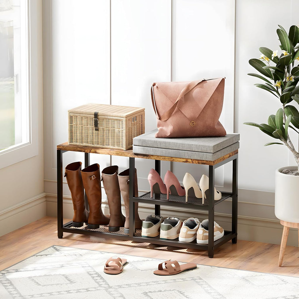 Shoe Rack for Entryway, Freestanding Hidden Shoe Storage Organizer, Boot Shoe Bench Shelves for High Heels with Seat cushion, Narrow Wood Shoe Rack for Entrance Closet, Hallway, 3 Tier (Gray+Black)