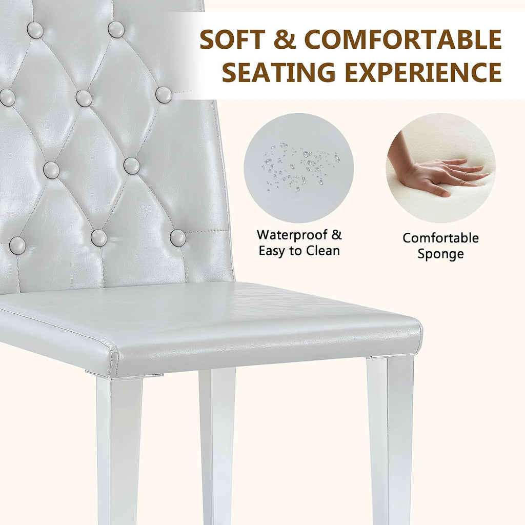 Modern Dining Chairs Set of 6, Button Tufted Upholstered Parsons Chairs with Silver Metal Legs, Grey PU Leather Kitchen Chair for Dining Room, Kitchen, Restaurant