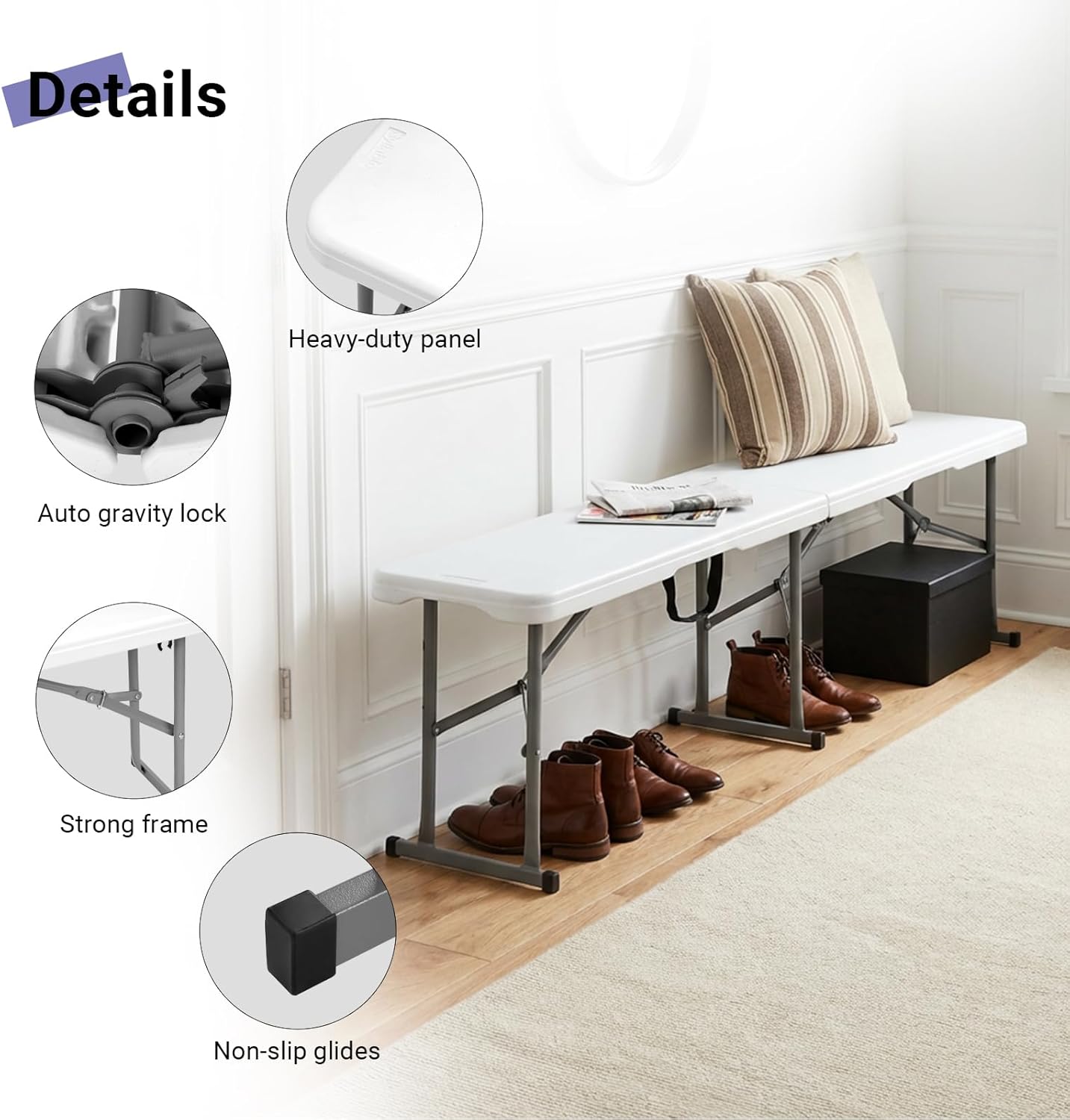 Byliable Folding Bench 6ft,Portable Plastic Bench Seat with Handle,White | Heavy Duty HDPE,Powder-Coated Steel Legs,Strong Weight Support,Indoor Outdoor for Parties,Gatherings,Dining,Camping,Events