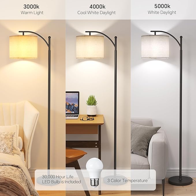 SUNMORY Arc Floor Lamp,Modern Floor Lamp with 9W 3 Color Temperatures Bulb,Metal Standing Lamps with Adjustable Hanging Lampshade,Tall Floor Lamps for Living Room,Bedroom,Office (Black)
