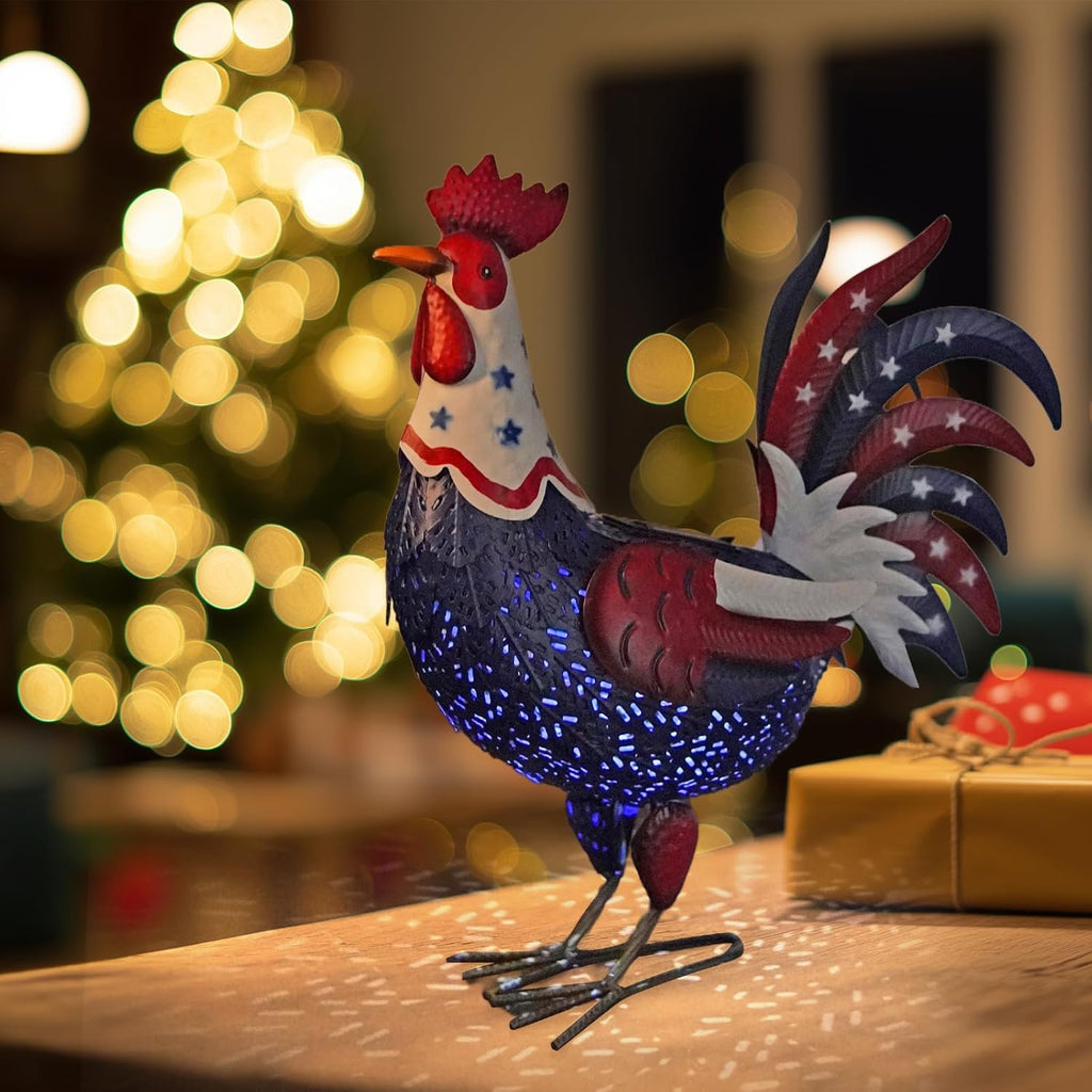 LIFFY Metal Rooster Yard Decor,18" Solar Powered Chicken Sculpture with Patriotic Flag, Weather-Resistant Garden Statue Outdoor for Garden, Patio, Lawn, Backyard