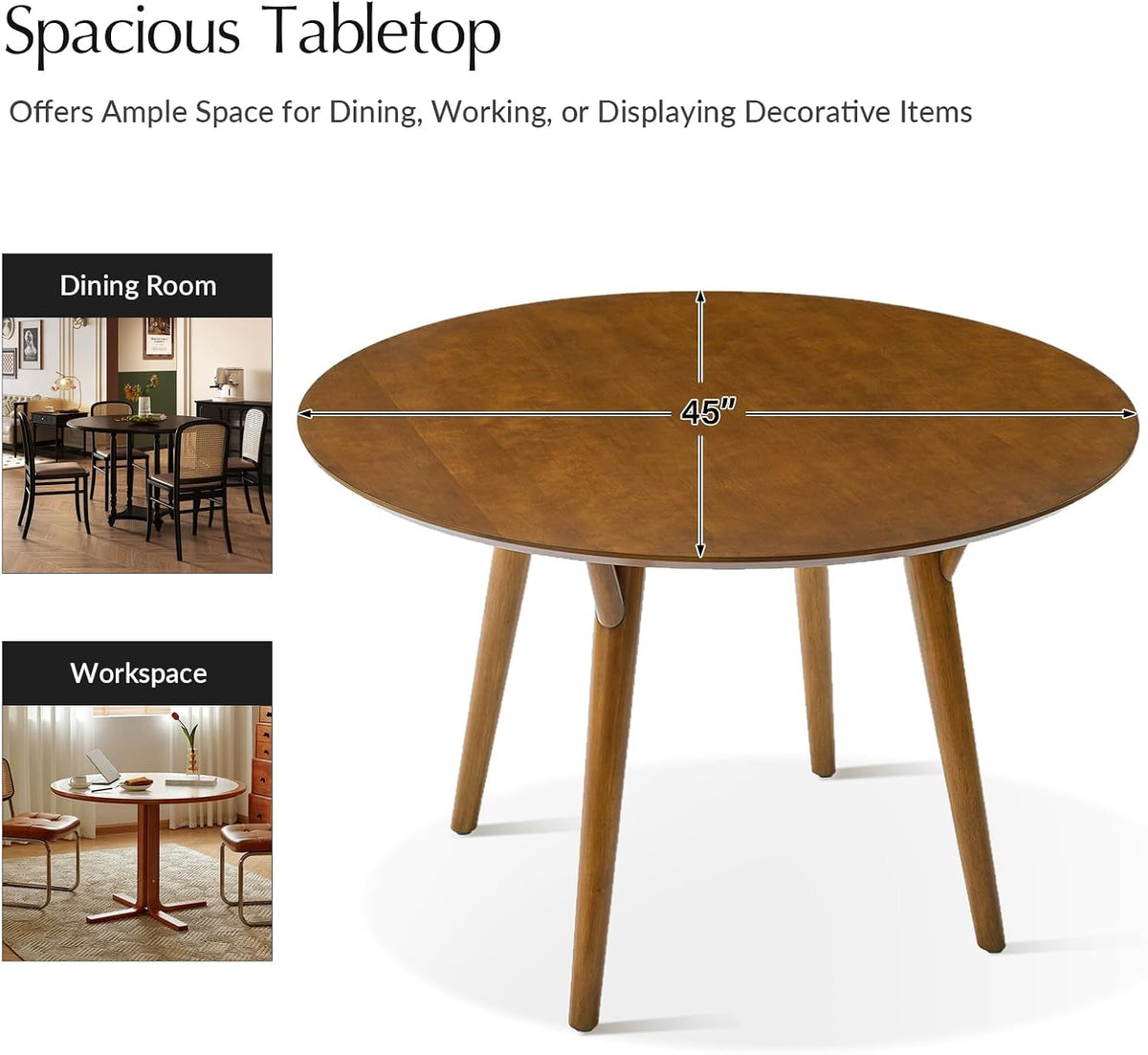 HULALA HOME Round Dining Table for 4, 45” Solid Wood Kitchen Dining Room Table, Small Dinner Coffee Writing Table for Kitchen Cafe Space Saving, Acorn