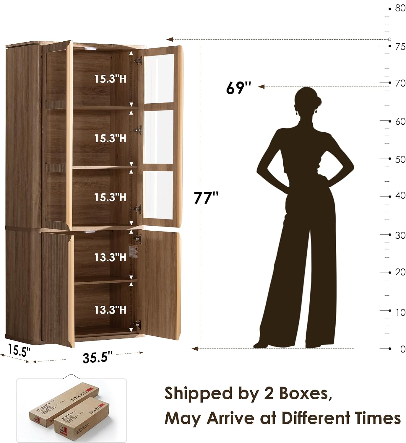 77" Tall Pantry Cabinets with Glass Doors, Fluted Storage Cabinet, Oak 1pc | Wooden Kitchen Food Cupboard, Adjustable Shelves, Modern Display Storage Closet for Living Room, Dining Room, Office