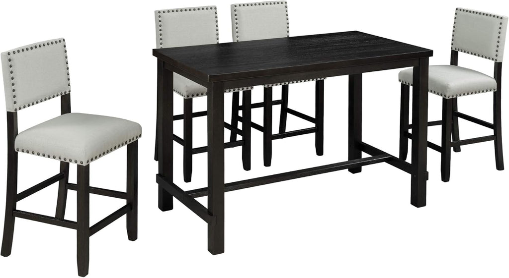 Merax 5 Pieces Counter Height Dining Set, Elegant Wooden Desk and 4 Upholstered Chairs, Perfect for Kitchen, Breakfast Nook, Bar, Living Room