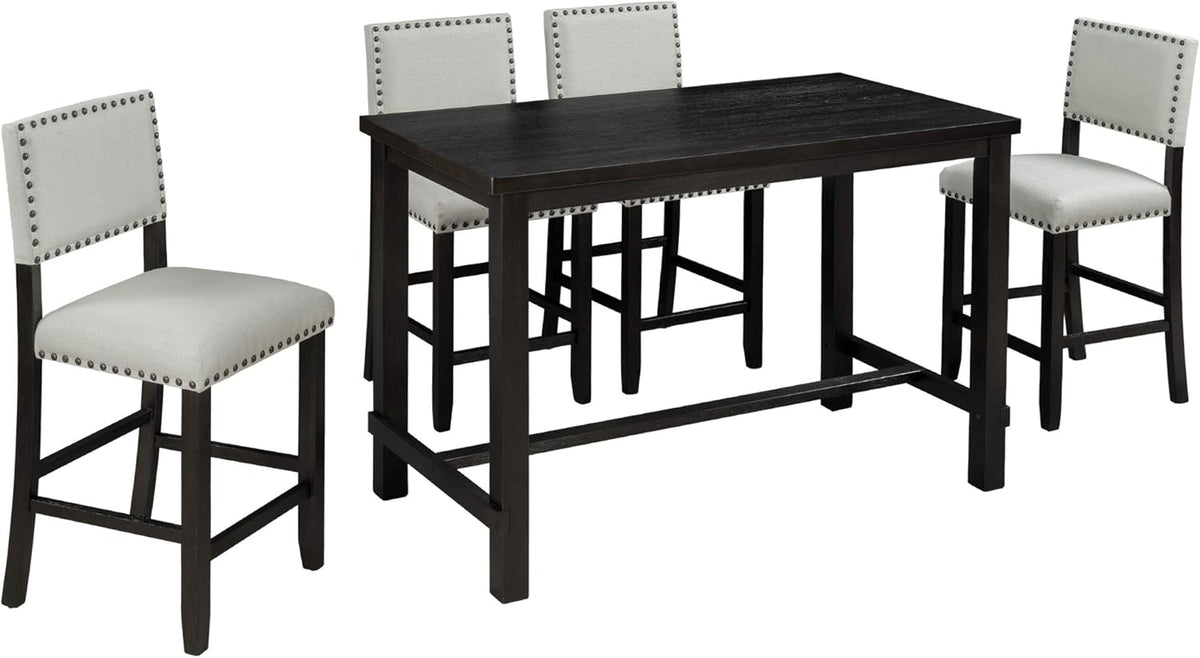 Merax 5 Pieces Counter Height Dining Set, Elegant Wooden Desk and 4 Upholstered Chairs, Perfect for Kitchen, Breakfast Nook, Bar, Living Room