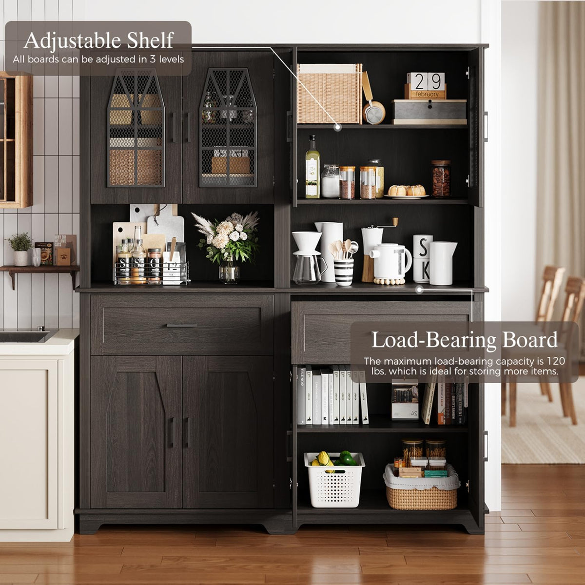 Kitchen Pantry Storage Cabinet with Doors and Shelves, Industrial Pantry Storage with Iron Mesh Doors for Kitchen Dining Room, Living Room, Black