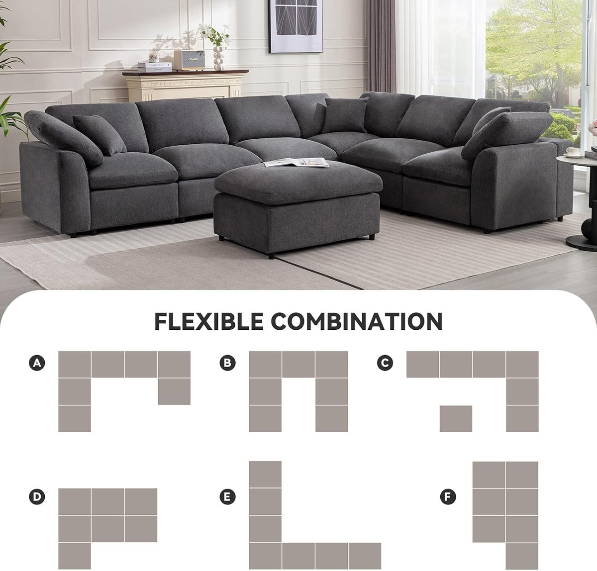 Siiejia Modular 7 Seater Sectional Sofa, Oversized Cloud Couches, Dark Grey
