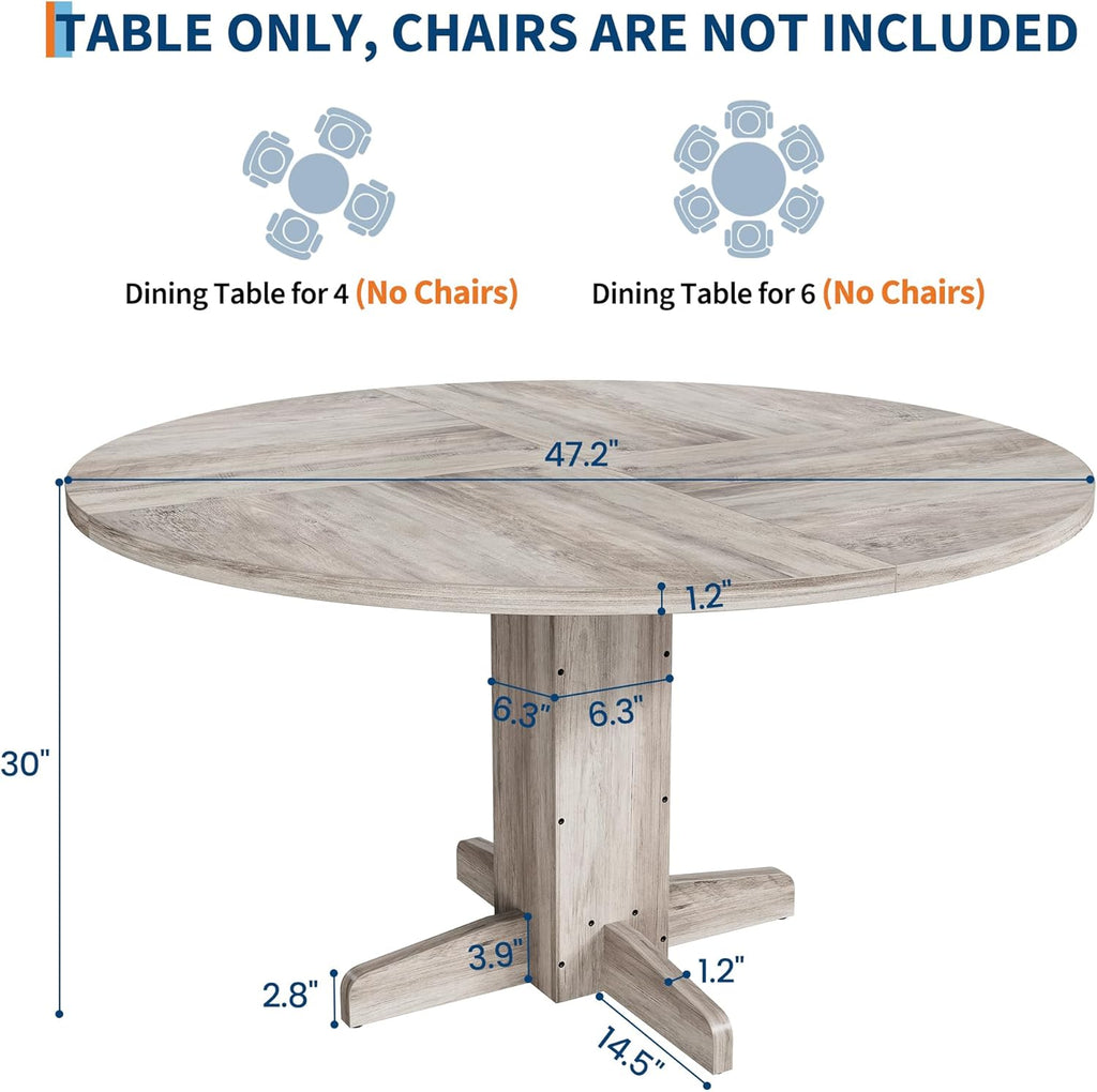 Round Dining Table for 4-6 People,Circle Dining Table, 47 Inch Farmhouse Kitchen Table with Sturdy Pedestal Base,Finish Circle Table for Dining Room, Living Room, Apartment