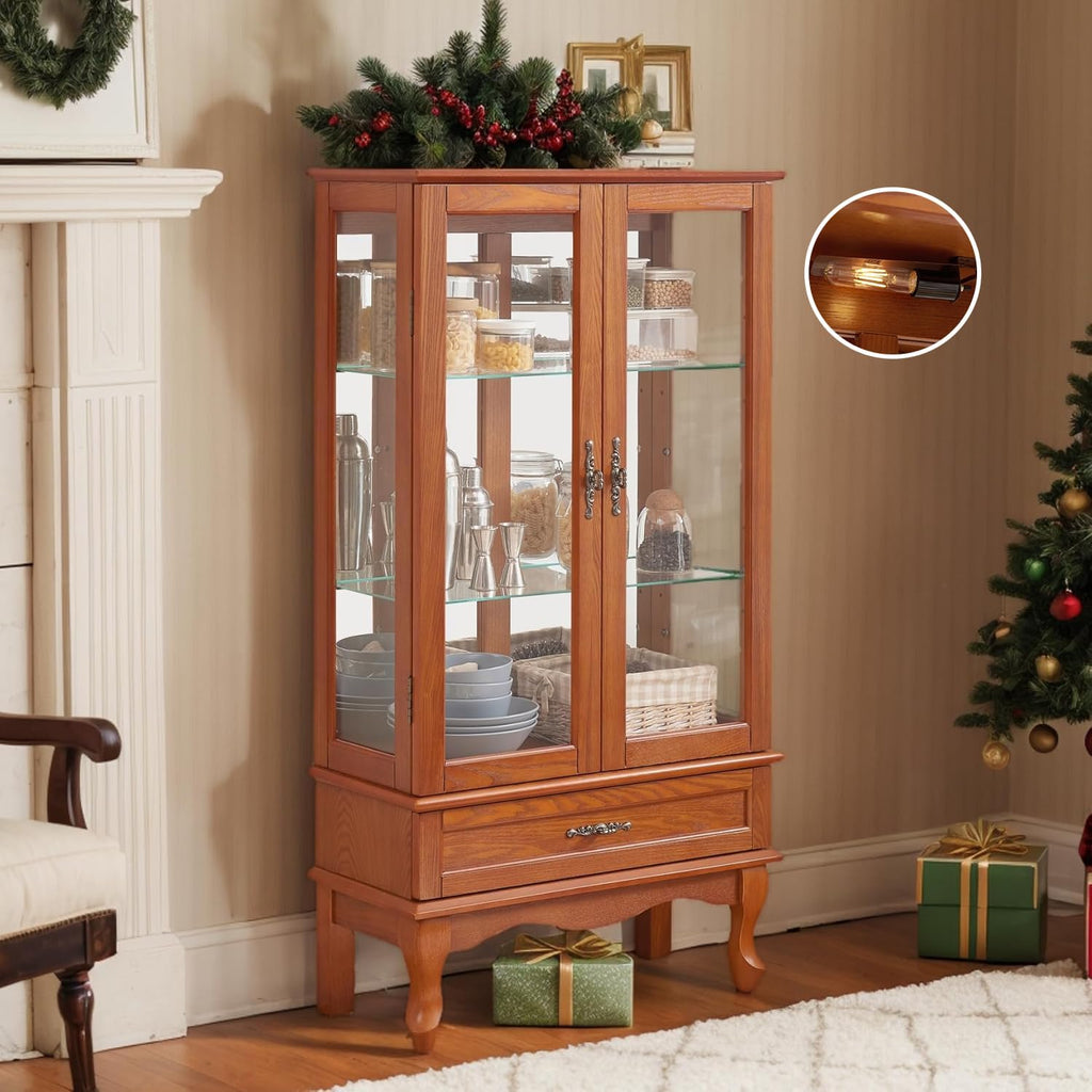 52" Lighted Accent Curio Cabinet, 3-Tier Antique Storage Cabinet with Tempered Glass Adjustable Shelves & Drawer, Acrylic Pane, Light Blub Included, China Display Case for Living Room (Dark Oak)