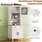 DSHADE Farmhouse Pantry Cabinet with 4 Solid Wood Gourd-Shaped Legs, Modern Kitchen Cabinet with Adjustable Shelves, 5 Tier Bookshelf with Drawer for Living Room, White