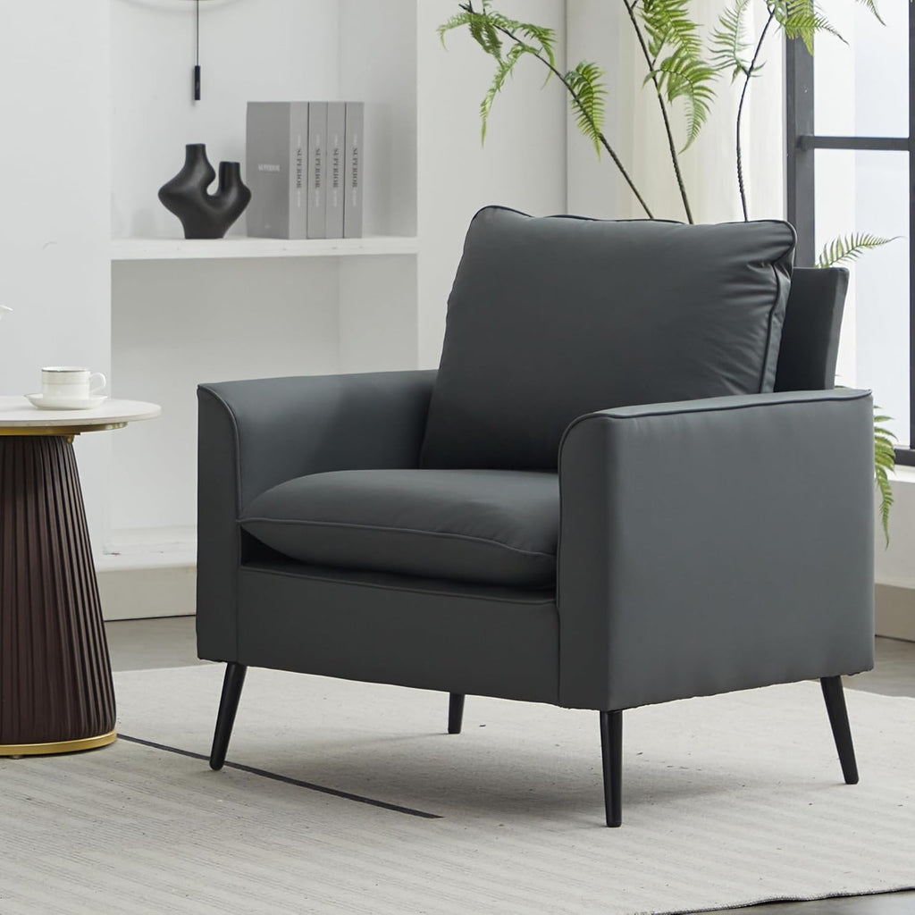 YISHENG Mid-Century Modern Living Room Accent Chairs Set of 2 - Oversized Faux Leather Armchairs with Removable Cushions & Metal Legs, Comfortable Sofas for Office/Lounge/Bedroom/Reception,Gray